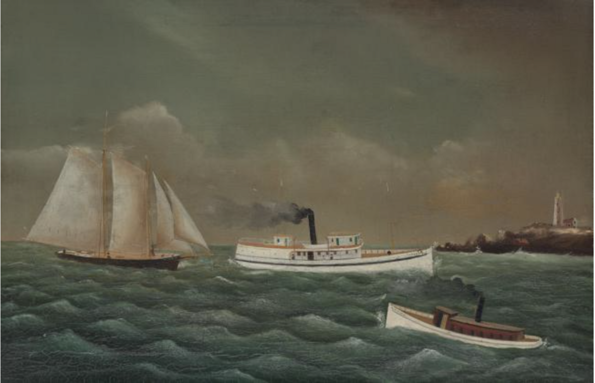 oil paintings of ships with sails and smokestacks